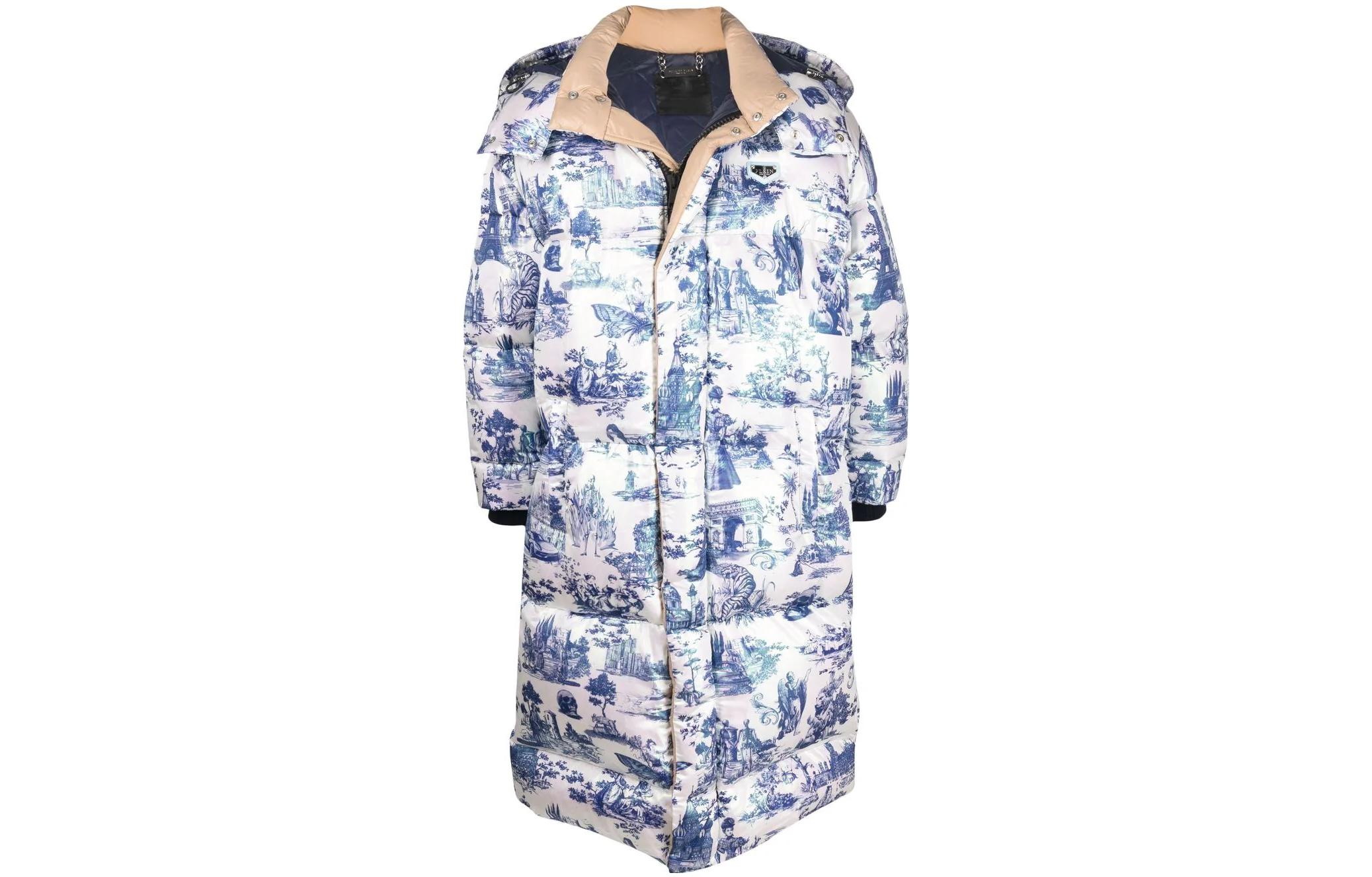 PHILIPP PLEIN FW22 White Blue All-Over Print Hooded Jacket for Men AAACURB0017PNY002N0124