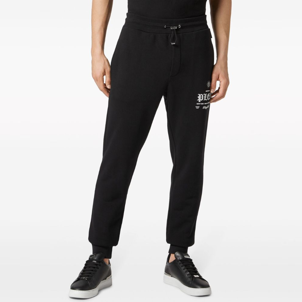 Shop PHILIPP PLEIN FW23 黑色印花抽繩運動長褲 SADC-MJT2308-PJO002N-02