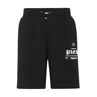 PHILIPP PLEIN FW23 Black Shorts with Logo Print Design. SADC-MJT2309-PJO002N-02
