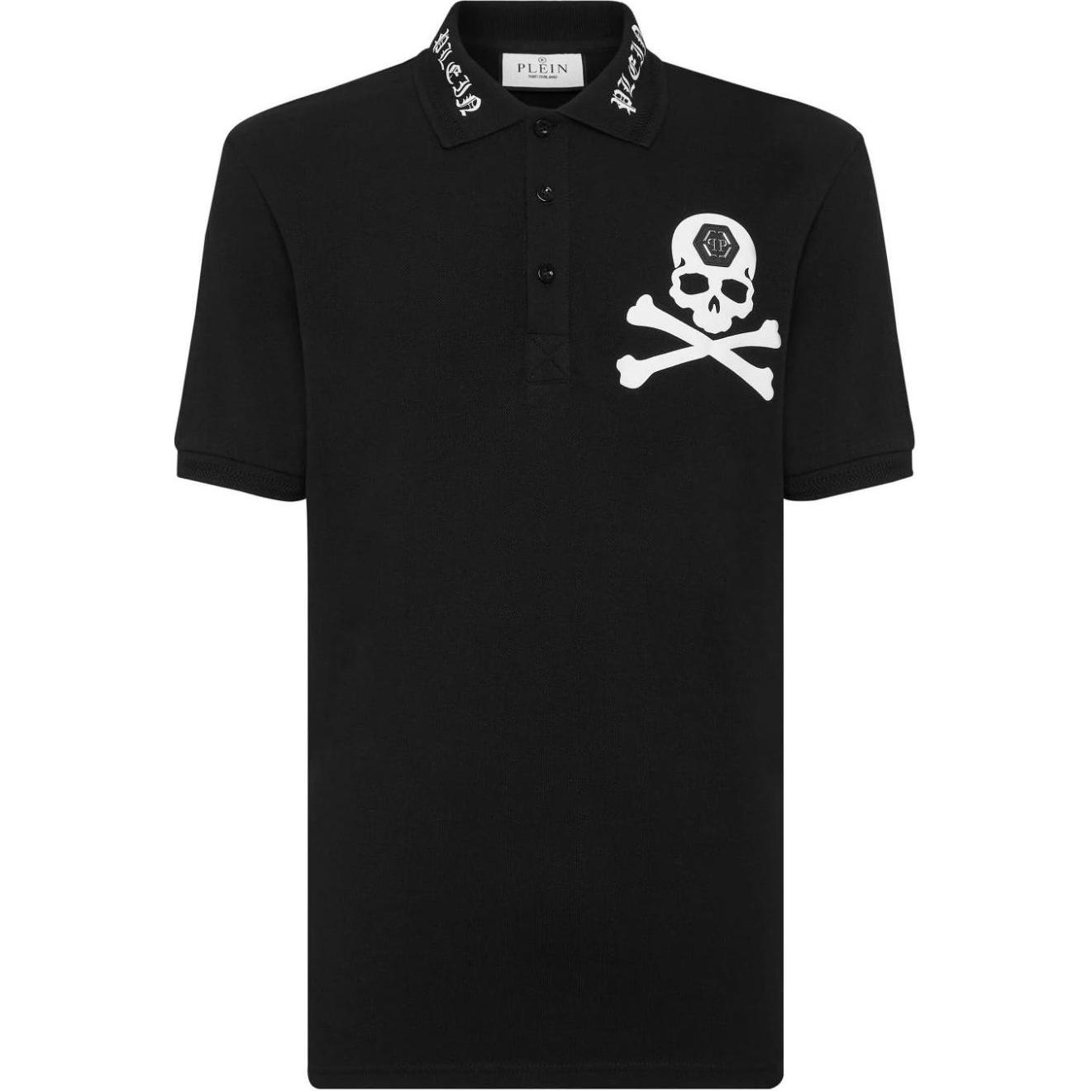PHILIPP PLEIN FW23  Black Skull Print Button-Up Short Sleeve Polo Shirt. SADC-MTK6876-PTE003N-02