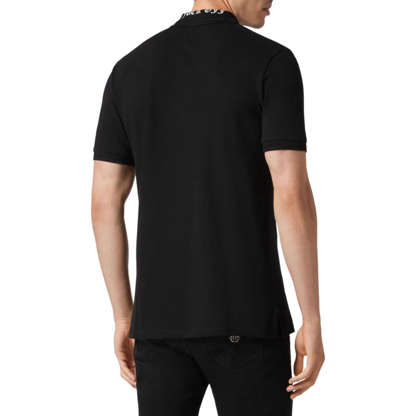 Shop PHILIPP PLEIN FW23 黑色骷髅印花短袖纽扣式 Polo 衫. SADC-MTK6876-PTE003N-02