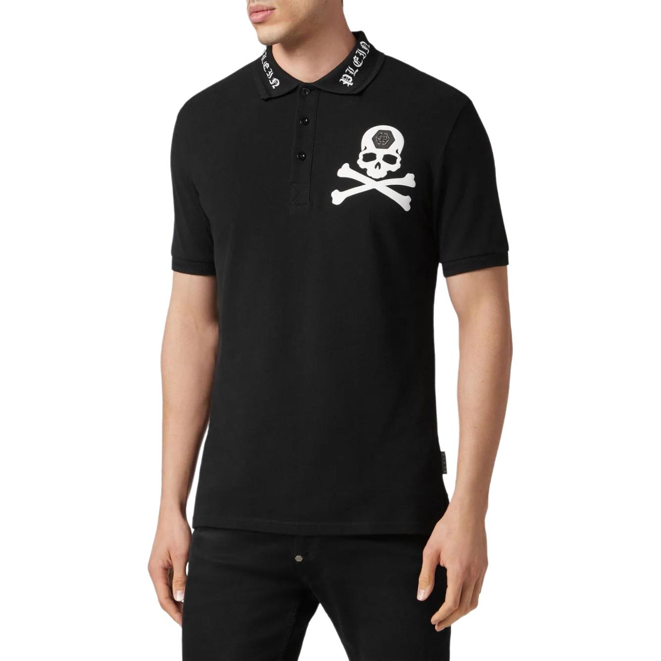 Purchase PHILIPP PLEIN FW23 黑色骷髅印花短袖纽扣式 Polo 衫. SADC-MTK6876-PTE003N-02