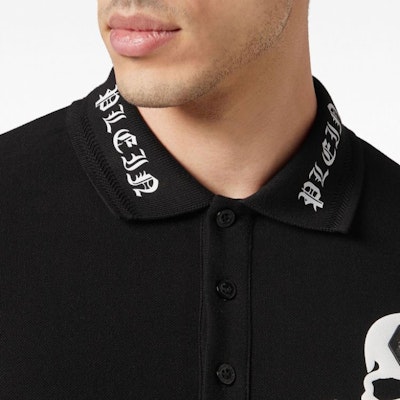PHILIPP PLEIN FW23 黑色骷髅印花短袖纽扣式 Polo 衫. SADC-MTK6876-PTE003N-02 Details for PHILIPP PLEIN FW23 黑色骷髅印花短袖纽扣式 Polo 衫. SADC-MTK6876-PTE003N-02