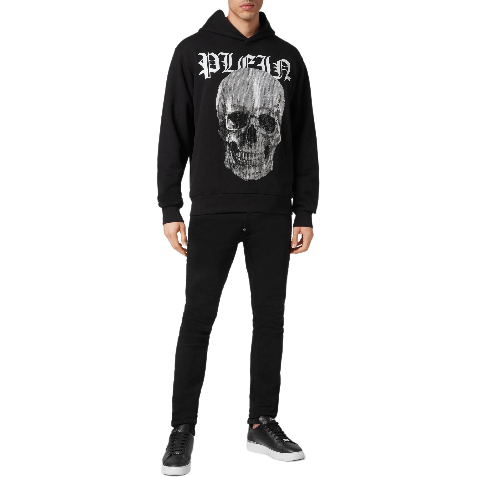 Lookbook PHILIPP PLEIN FW23 黑色水晶骷髅印花宽松连帽卫衣 SADC-MJB3220-PJO002N-02