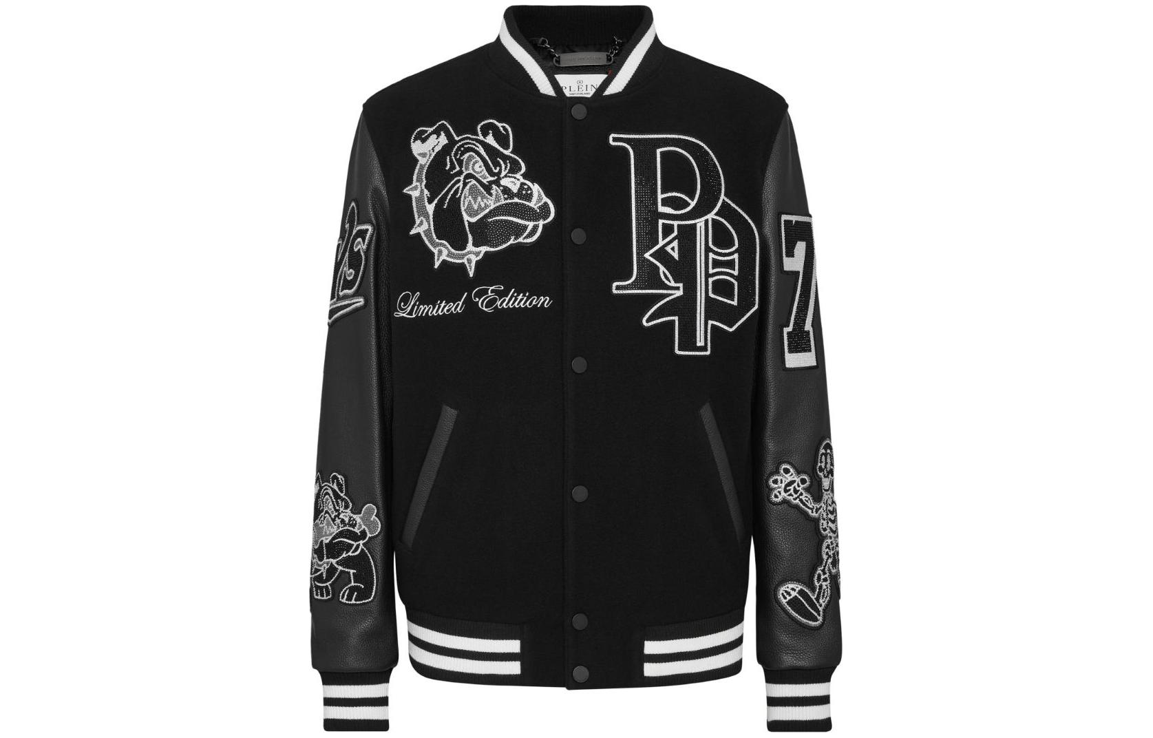 PHILIPP PLEIN FW23 Black Embroidered Pattern Loose Bomber Jacket SADC-MLB1834-PTE120N-02