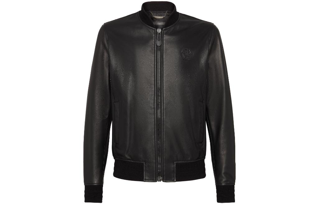 PHILIPP PLEIN FW23 Black Leather Bomber Jacket with Zip and Logo Collar F19C-MLB0835-PLE010N-02