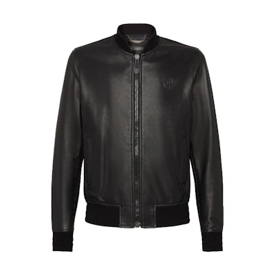 PHILIPP PLEIN FW23 Black Leather Bomber Jacket with Zip and Logo Collar F19C-MLB0835-PLE010N-02