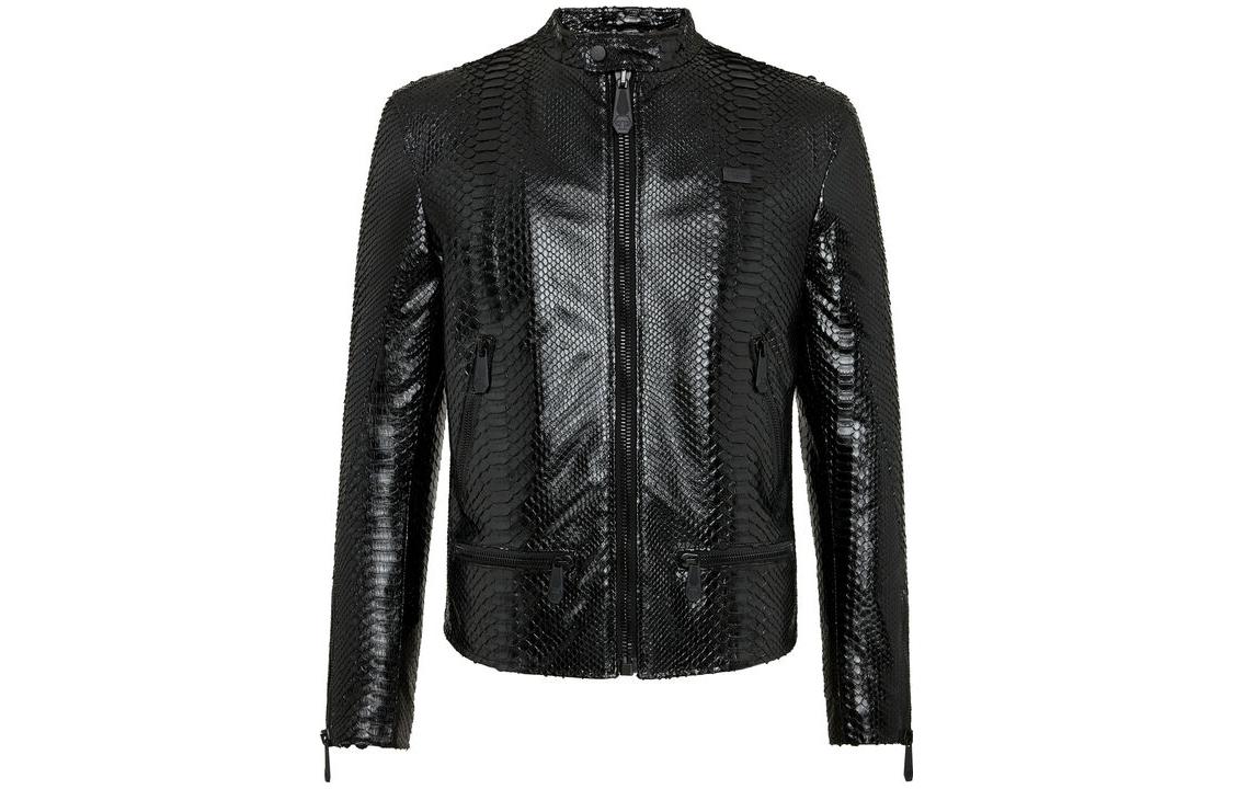 PHILIPP PLEIN FW23 Black Leather Moto Jacket Luxury Full-Zip Outerwear A19C-MLB1006-PLE029P-02