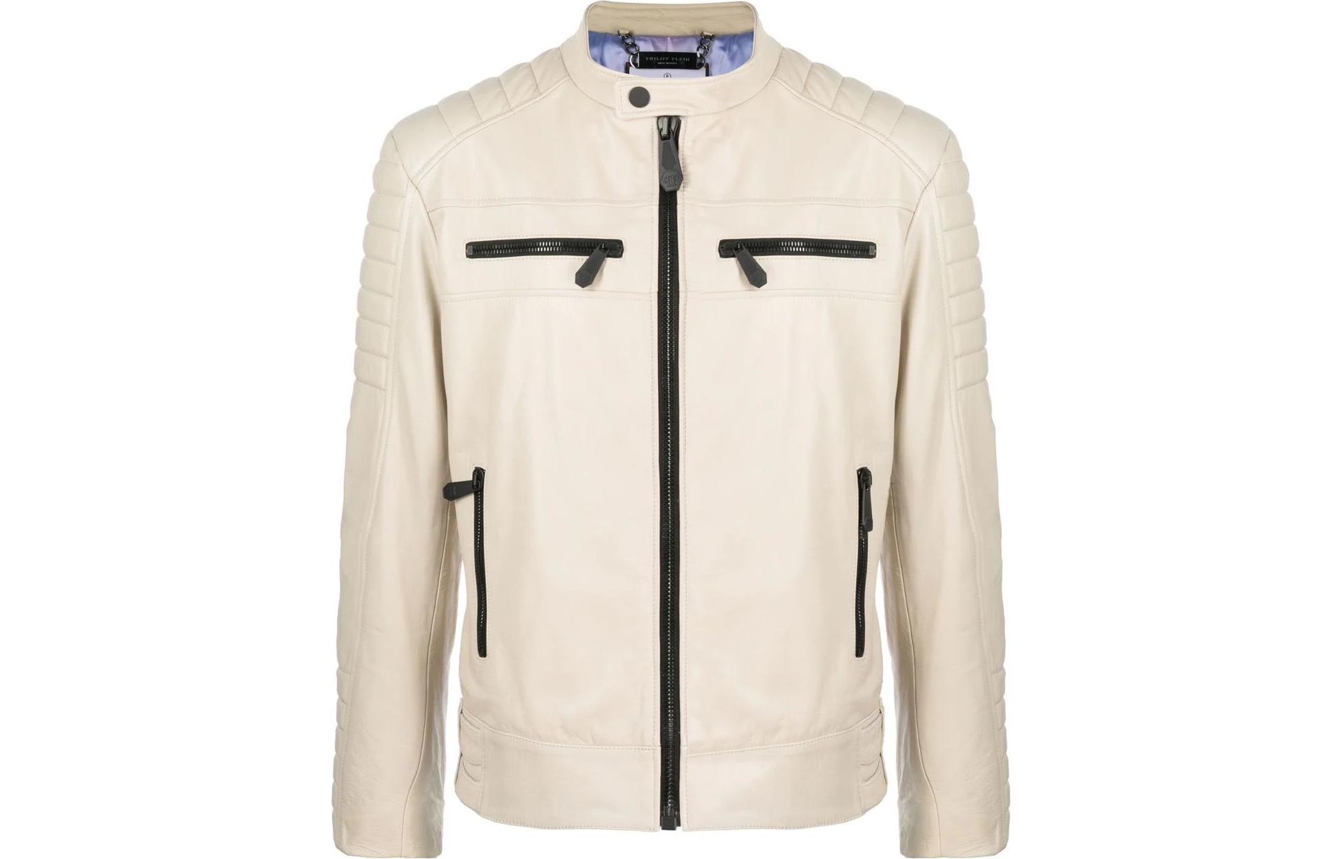 PHILIPP PLEIN FW23 Colorblock Zip Logo Embossed Jacket Off-White Menswear SACC-MLB1699-PLE010N-06