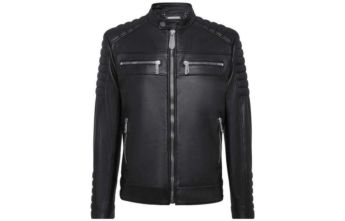 PHILIPP PLEIN FW23 Glossy Solid Color Stand Collar Jacket Black FABC-MLB1575-PLE010N-02