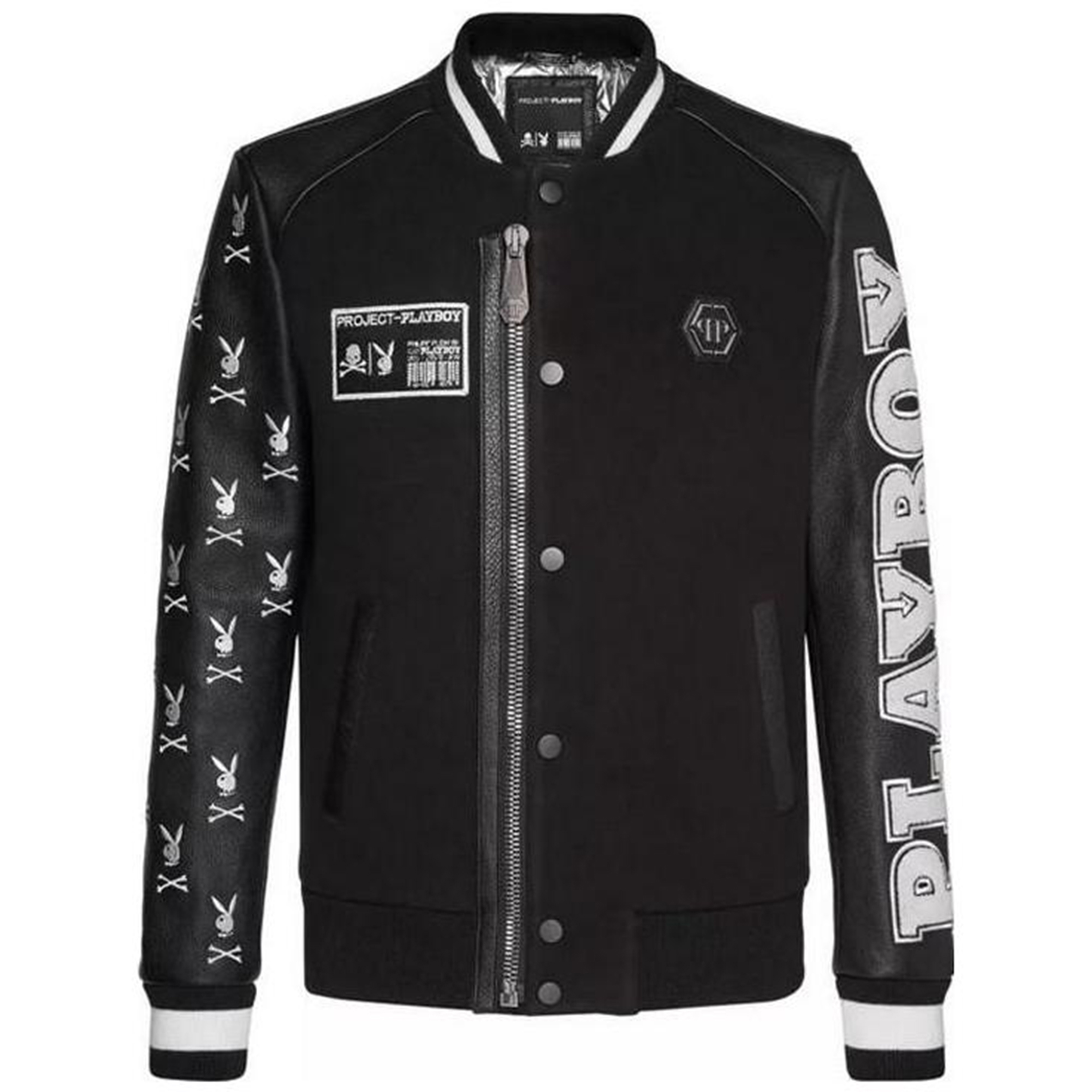 PHILIPP PLEIN FW23 Letter Print Zip-Up High Collar Jacket Black A18C-MLB0615-PLE010N-0201