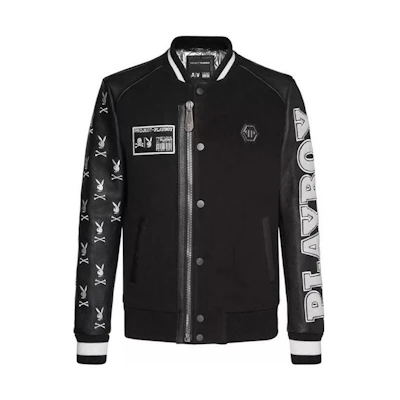 PHILIPP PLEIN FW23 Letter Print Zip-Up High Collar Jacket Black A18C-MLB0615-PLE010N-0201