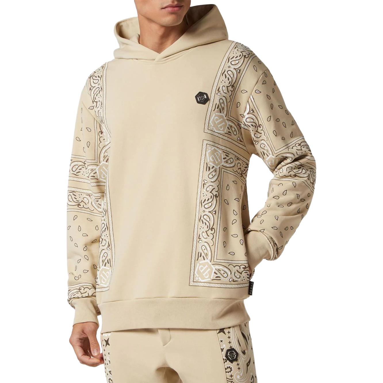 Shop PHILIPP PLEIN FW23 徽标贴布连帽衫 浅米色 FACC-MJB3042-PJO002N-06