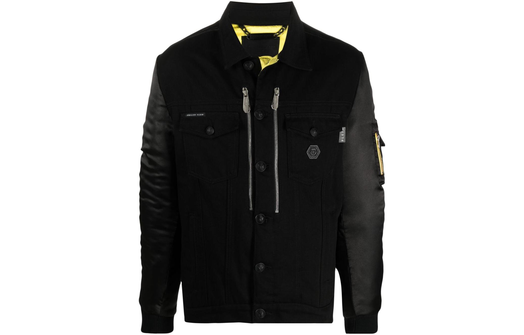 PHILIPP PLEIN FW23 Logo Print Square-Collar Long-Sleeve Jacket Black SABC-MDB0389-PDE004N-02NH