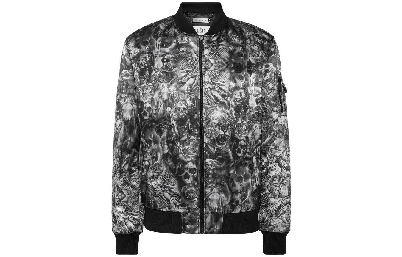 PHILIPP PLEIN FW23 Logo Skull Print Bomber Jacket Men’s Black AACC-MRB2310-PNY012N-02