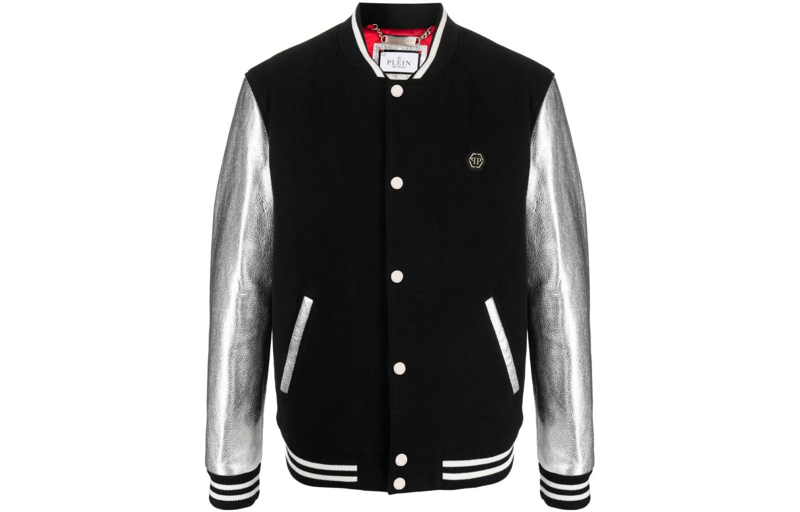 PHILIPP PLEIN FW23 Metallic Logo Patch Bomber Jacket Black AACC-MLB1718-PTE120N-02