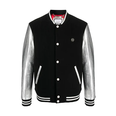 PHILIPP PLEIN FW23 Metallic Logo Patch Bomber Jacket Black AACC-MLB1718-PTE120N-02