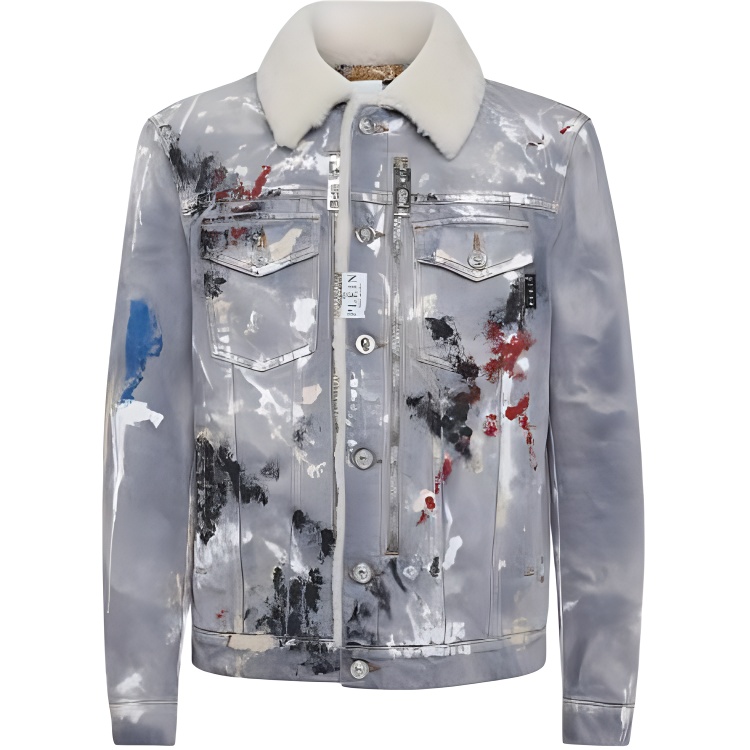 PHILIPP PLEIN FW23 Painted Denim Jacket Light Grey Casual Outerwear FABC-MDB0466-PDE004N-14MI