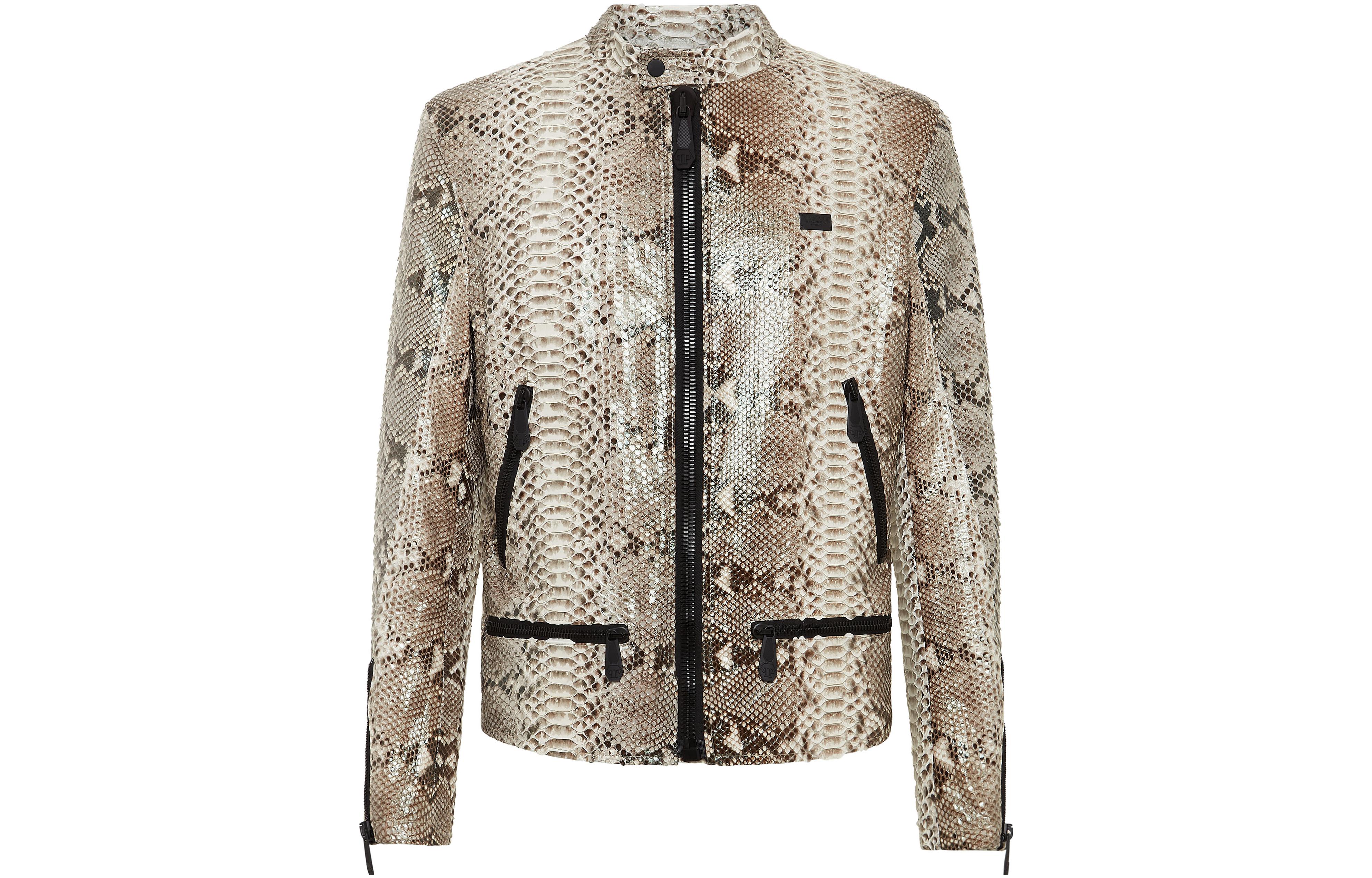 PHILIPP PLEIN FW23 Python Leather Moto Jacket Beige Luxury Outerwear AAAC-MLB1397-PLE029P-06