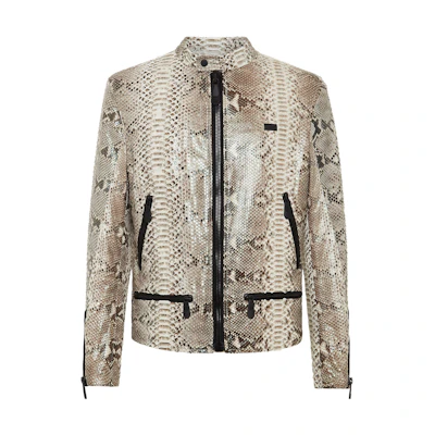 PHILIPP PLEIN FW23 Python Leather Moto Jacket Beige Luxury Outerwear AAAC-MLB1397-PLE029P-06