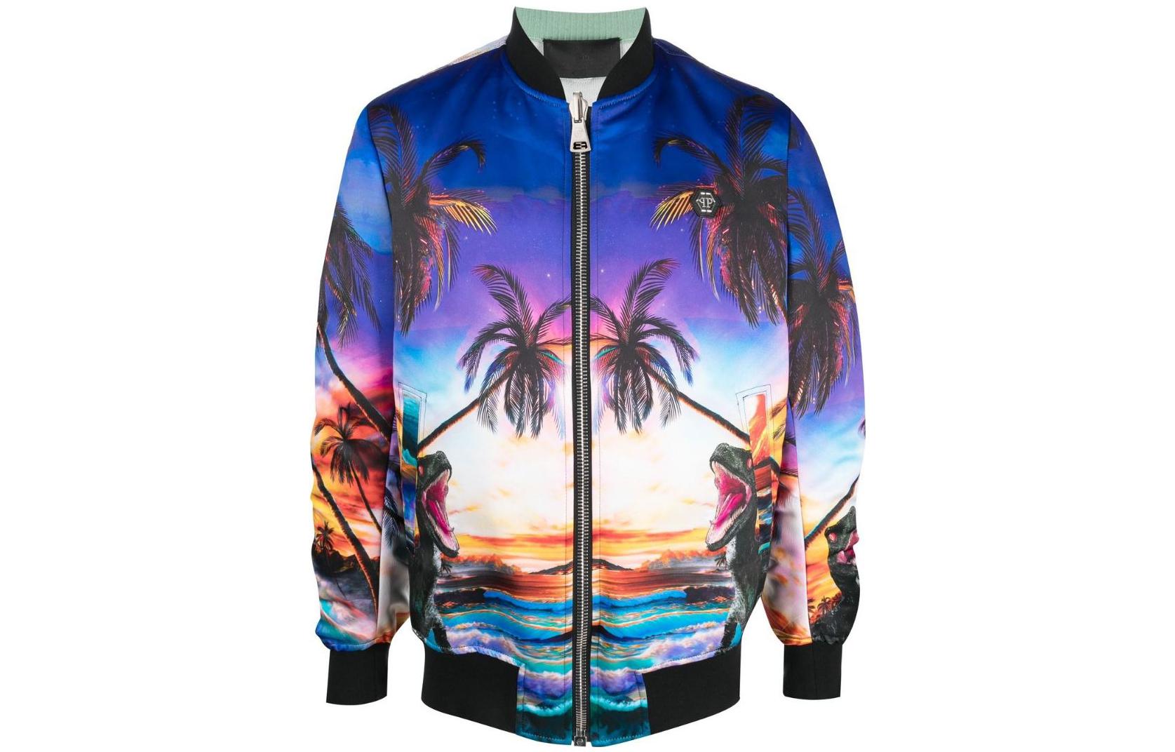 PHILIPP PLEIN FW23 Reversible Silk Bomber Jacket Hawaii Print Multicolor SACC-MRB2188-PTE028N-21