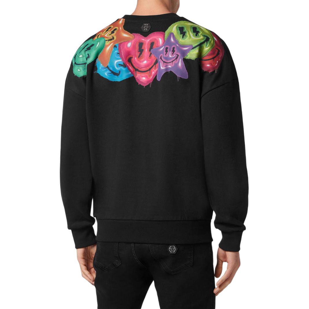 Shop PHILIPP PLEIN FW23 微笑圖案黑色寬鬆版型長袖上衣 SADC-MJO1131-PJO002N-02
