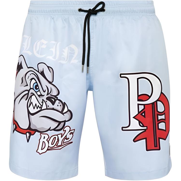 Philipp Plein Graphic Print Light Blue  Straight Casual Drawstring Shorts SADC-MMX0092-PNY002N-07