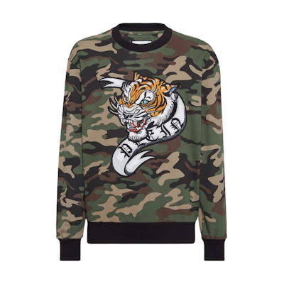 PHILIPP PLEIN Green Camouflage Embroidered Crewneck Sweatshirt FADC-MJO1187-PJO002N-GREEN