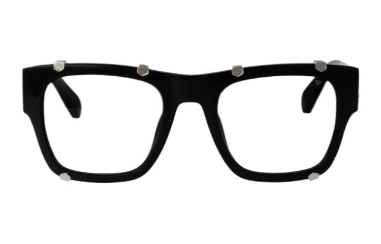 Lookbook 菲利普·普萊恩男士不規則形狀黑色太陽眼鏡，側邊帶有品牌標誌。 SPP042W0700