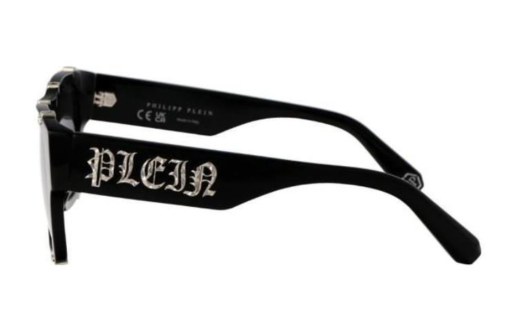 Shop 菲利普·普萊恩男士不規則形狀黑色太陽眼鏡，側邊帶有品牌標誌。 SPP042W0700
