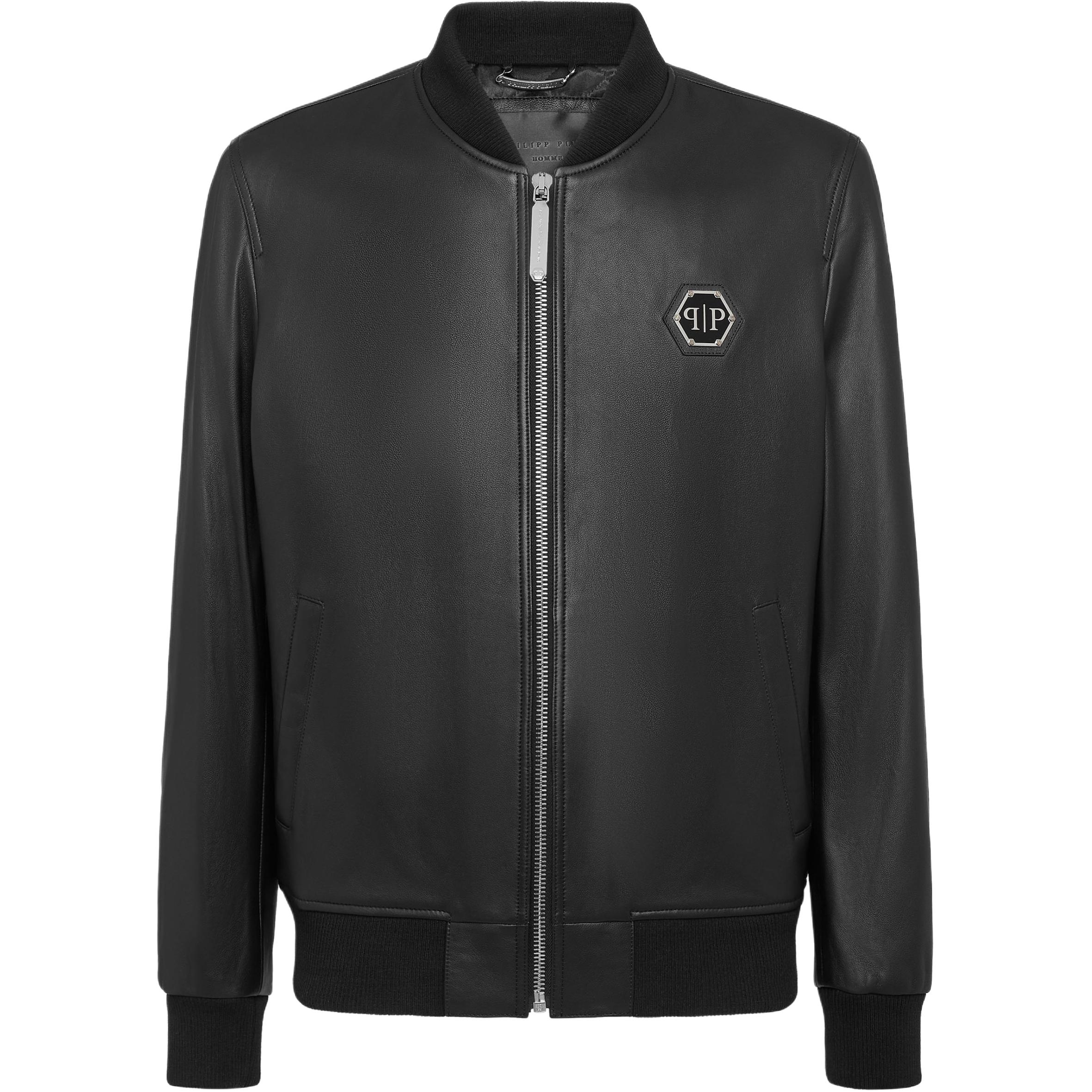 PHILIPP PLEIN Leather Bomber Jacket with Logo Statement A19C-MLB0884-PLE010N-02