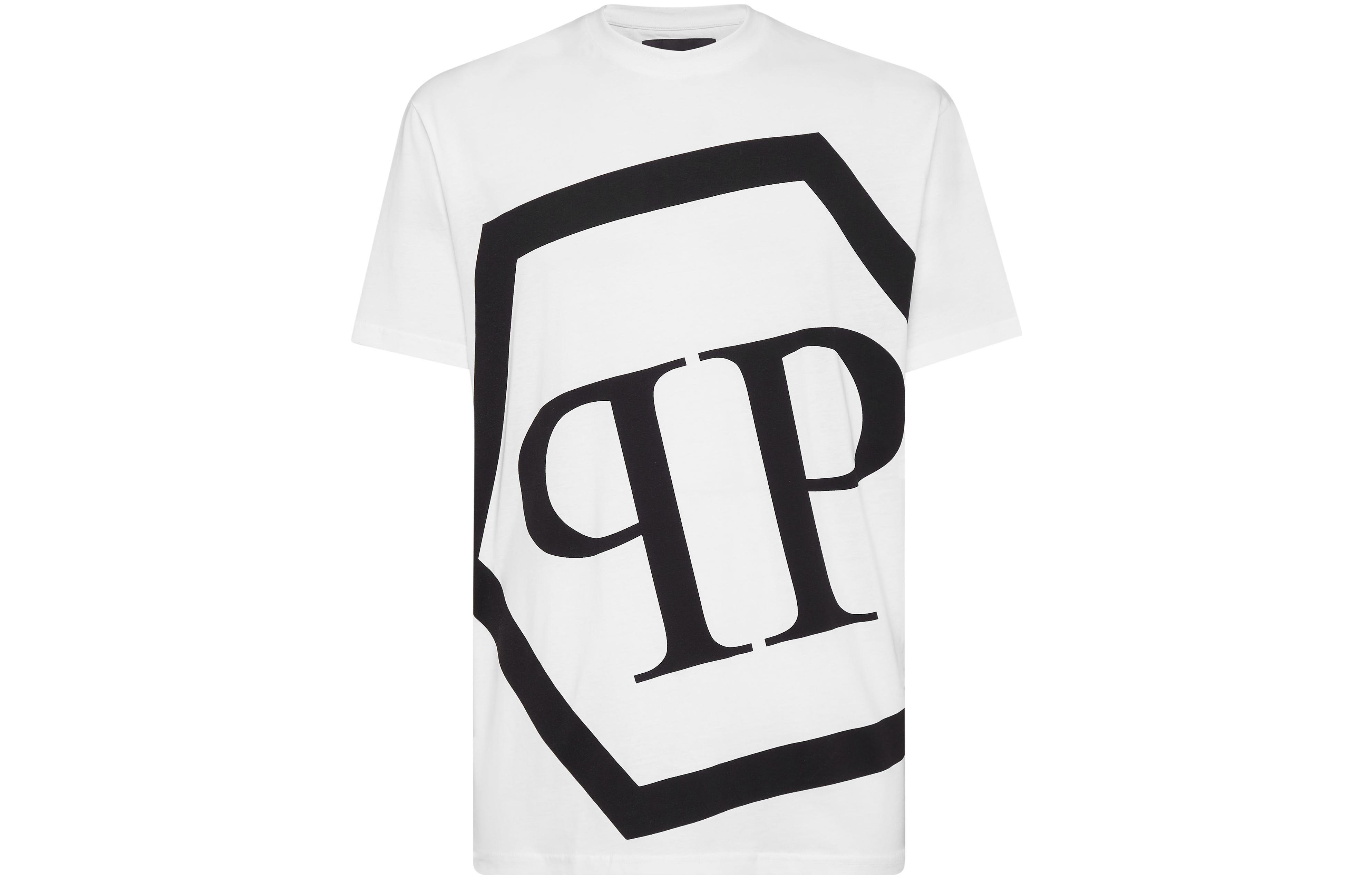 PHILIPP PLEIN Logo Graphic Print Crewneck Casual T-Shirt Men White PAAC-MTK5509-PJO002N-01