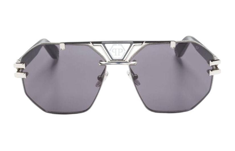 Lookbook PHILIPP PLEIN 男士黑色飛行員太陽眼鏡（標誌印花）。 SPP077M