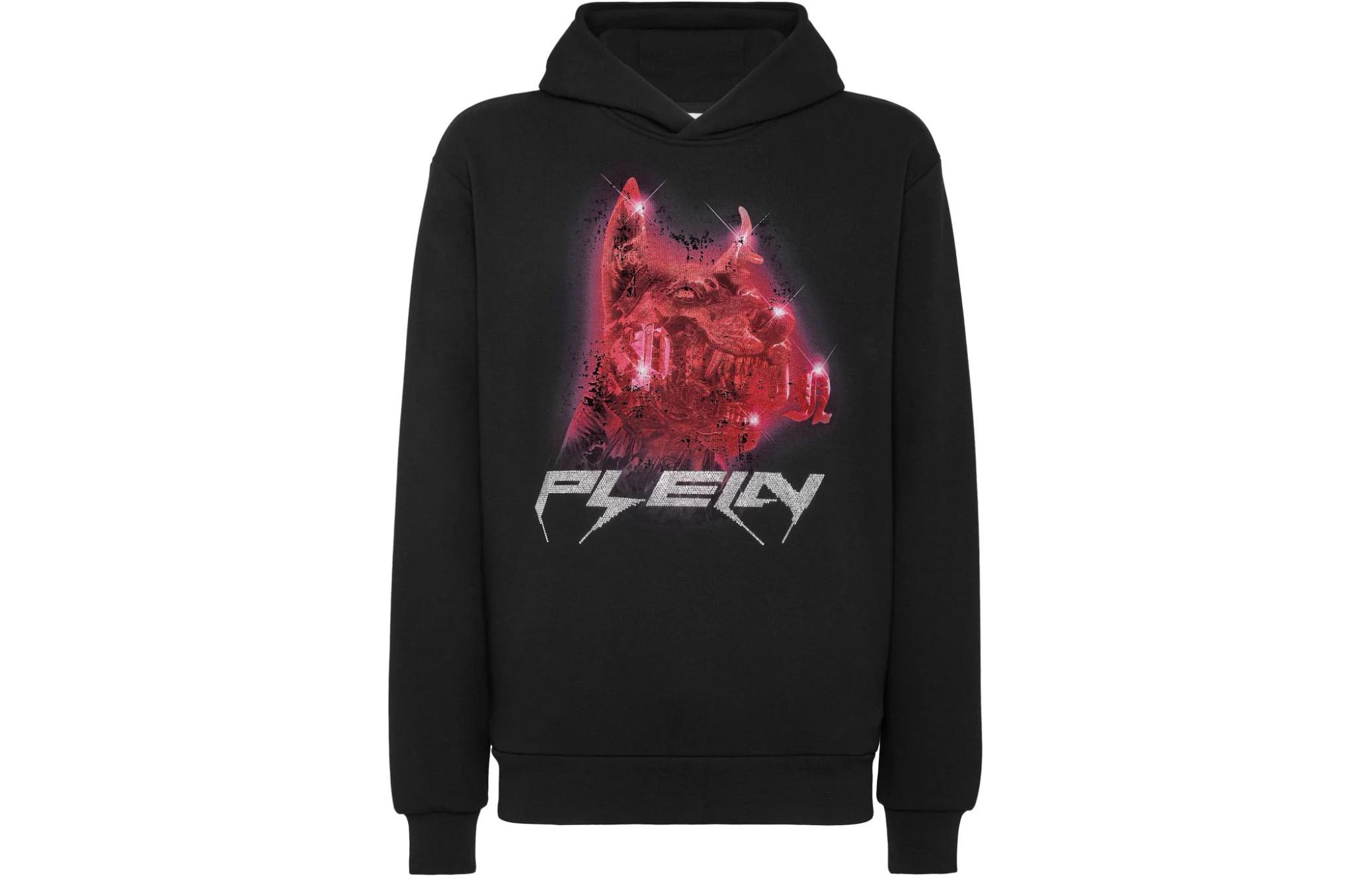 PHILIPP PLEIN Logo Print Black Hoodie with Elastic Cuffs Menswear AACCMJB3139PJO002N