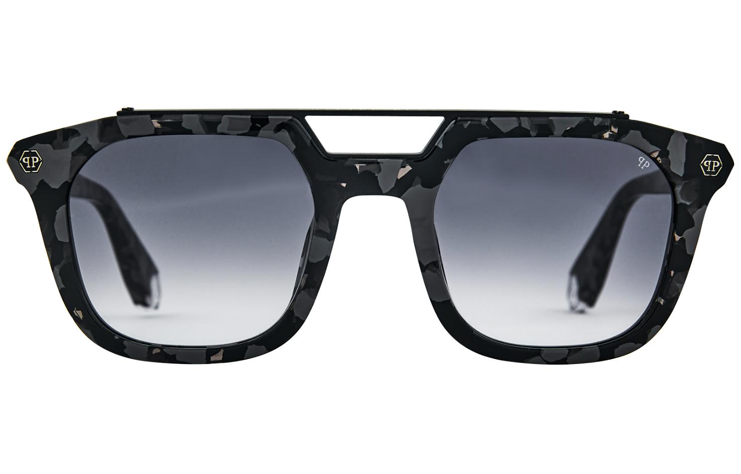 Shop Philipp Plein 男士奢華漸變方框太陽眼鏡 - 煙色鏡片 & 迷彩框架 SPP001M0721