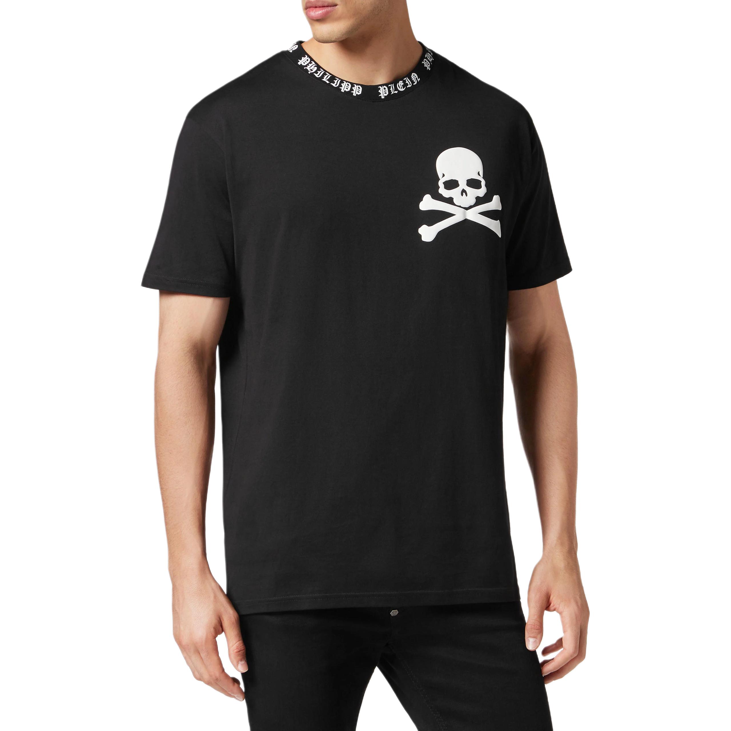 Shop PHILIPP PLEIN 男款黑色圖案印花短袖圓領T恤 SADC-MTK6828-PJY002N-02