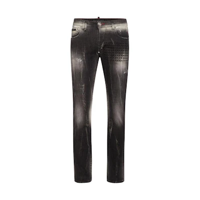PHILIPP PLEIN Mid-Rise Slim Fit Washed Black Jeans for Men AACC-MDT3655-PDE004N-1AG
