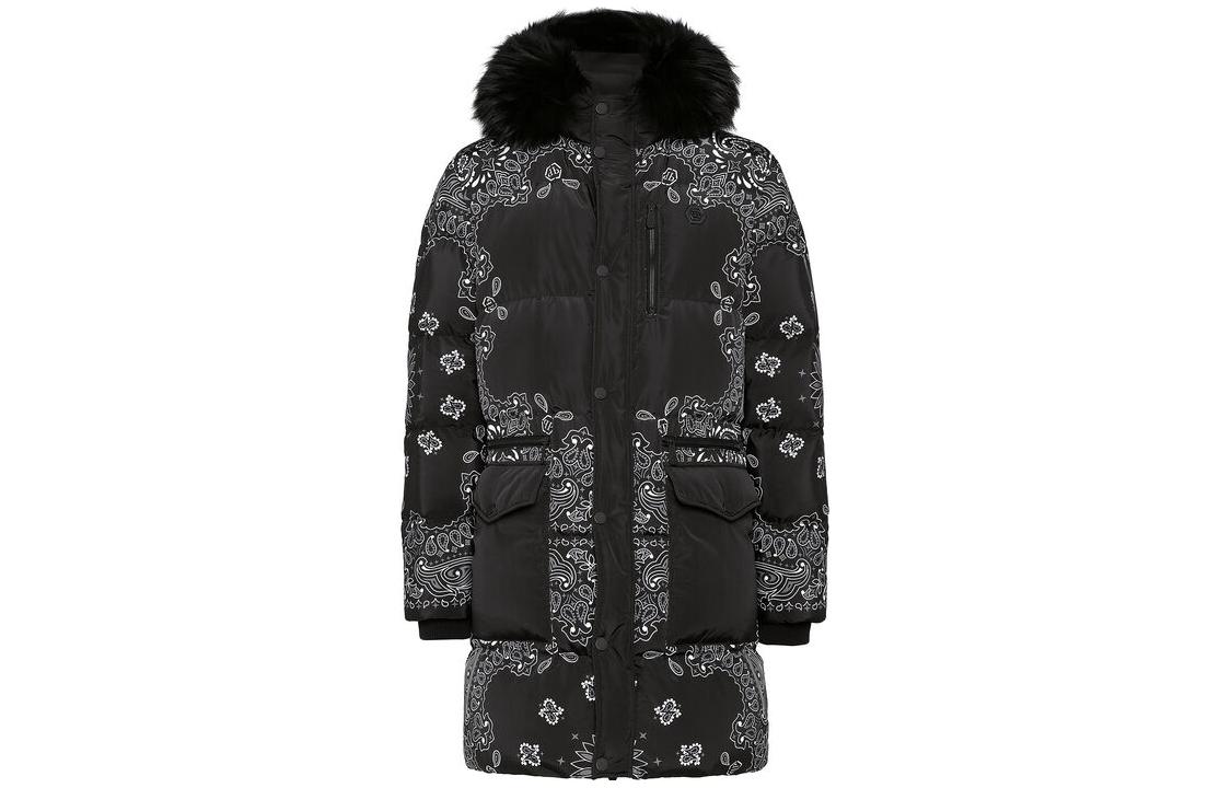 PHILIPP PLEIN Nylon Fur Parka Paisley Bandana Skull Print Hooded Jacket Black FACC-MRA0480-PCO029F-02