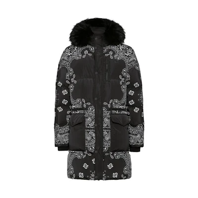 PHILIPP PLEIN Nylon Fur Parka Paisley Bandana Skull Print Hooded Jacket Black FACC-MRA0480-PCO029F-02