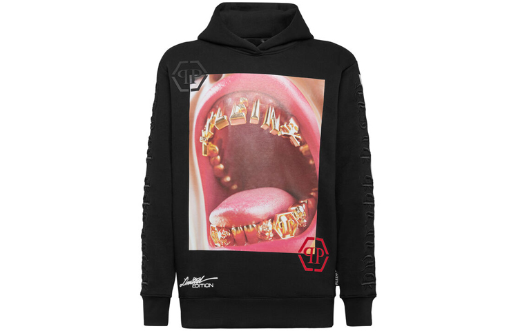 PHILIPP PLEIN Pp Lips Graphic Print Unisex Hoodie Black AAAC-UJB0054-PJO002N-02