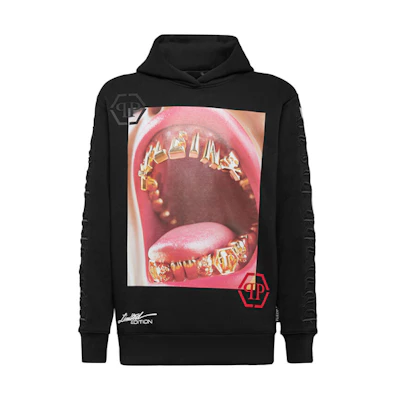 PHILIPP PLEIN Pp Lips Graphic Print Unisex Hoodie Black AAAC-UJB0054-PJO002N-02