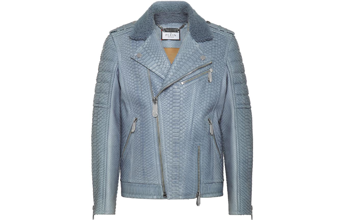 PHILIPP PLEIN Python Biker Jacket Light Blue Short Zip-Up Jacket AABC-MLB1629-PLE029P-07