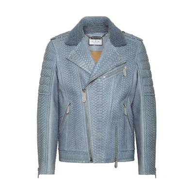 PHILIPP PLEIN Python Biker Jacket Light Blue Short Zip-Up Jacket AABC-MLB1629-PLE029P-07