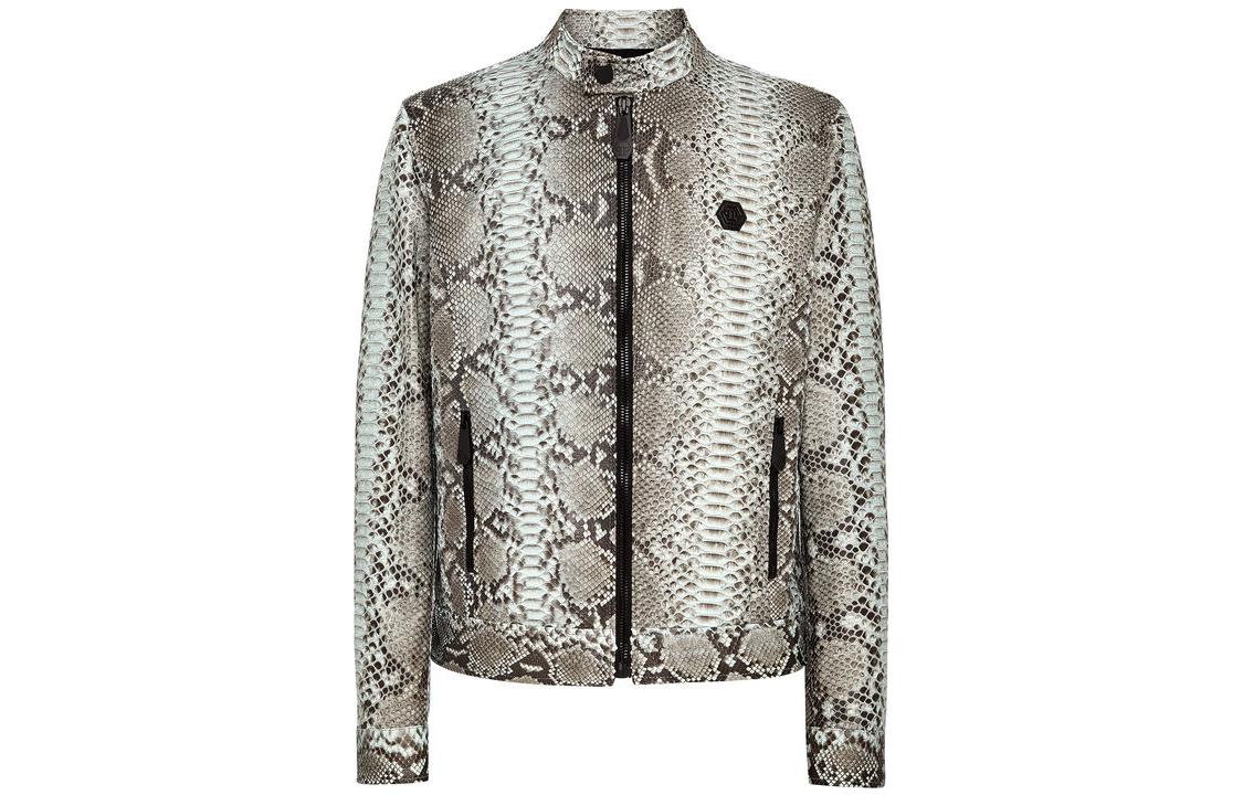 PHILIPP PLEIN Python Leather Bomber Skull Jacket Grey - Snake Pattern Style SACC-MLB1538-PLE029P-10