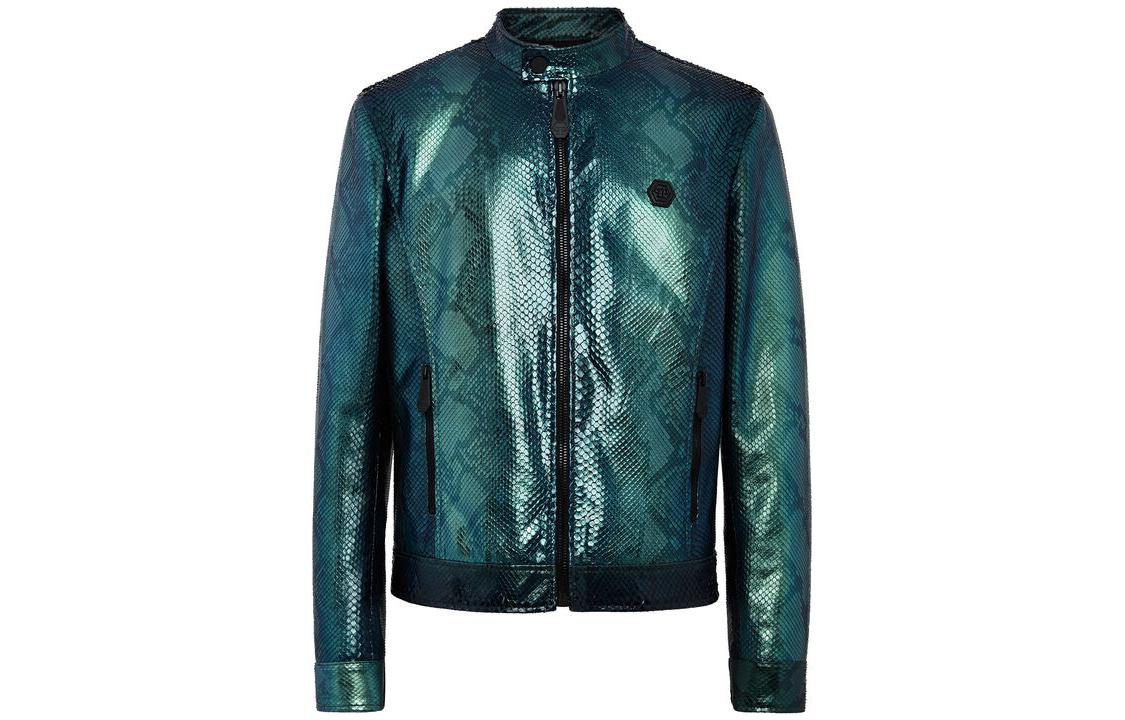 PHILIPP PLEIN Python Leather Skull Bomber Jacket Green SACC-MLB1612-PLE029P-05