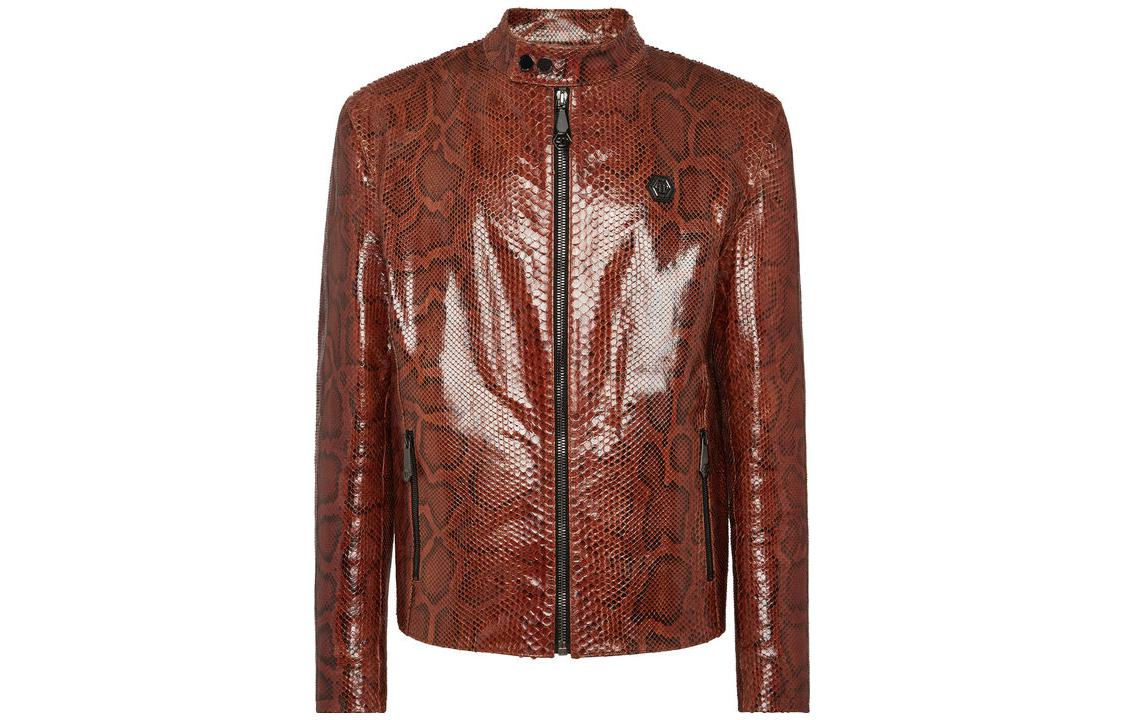 PHILIPP PLEIN Real Python Leather Jacket Brown Animal Print Zip-Up AACC-MLB1771-PLE029P-04