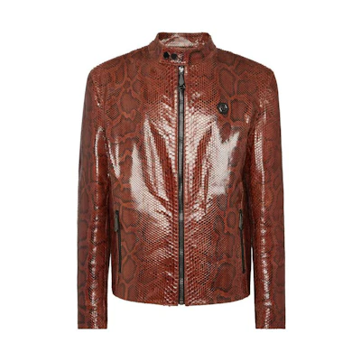 PHILIPP PLEIN Real Python Leather Jacket Brown Animal Print Zip-Up AACC-MLB1771-PLE029P-04