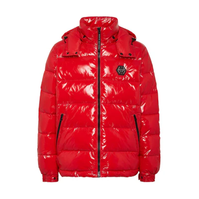 PHILIPP PLEIN Red Solid Color Hooded Cotton Jacket with Zipper MRB2028PNY002N13