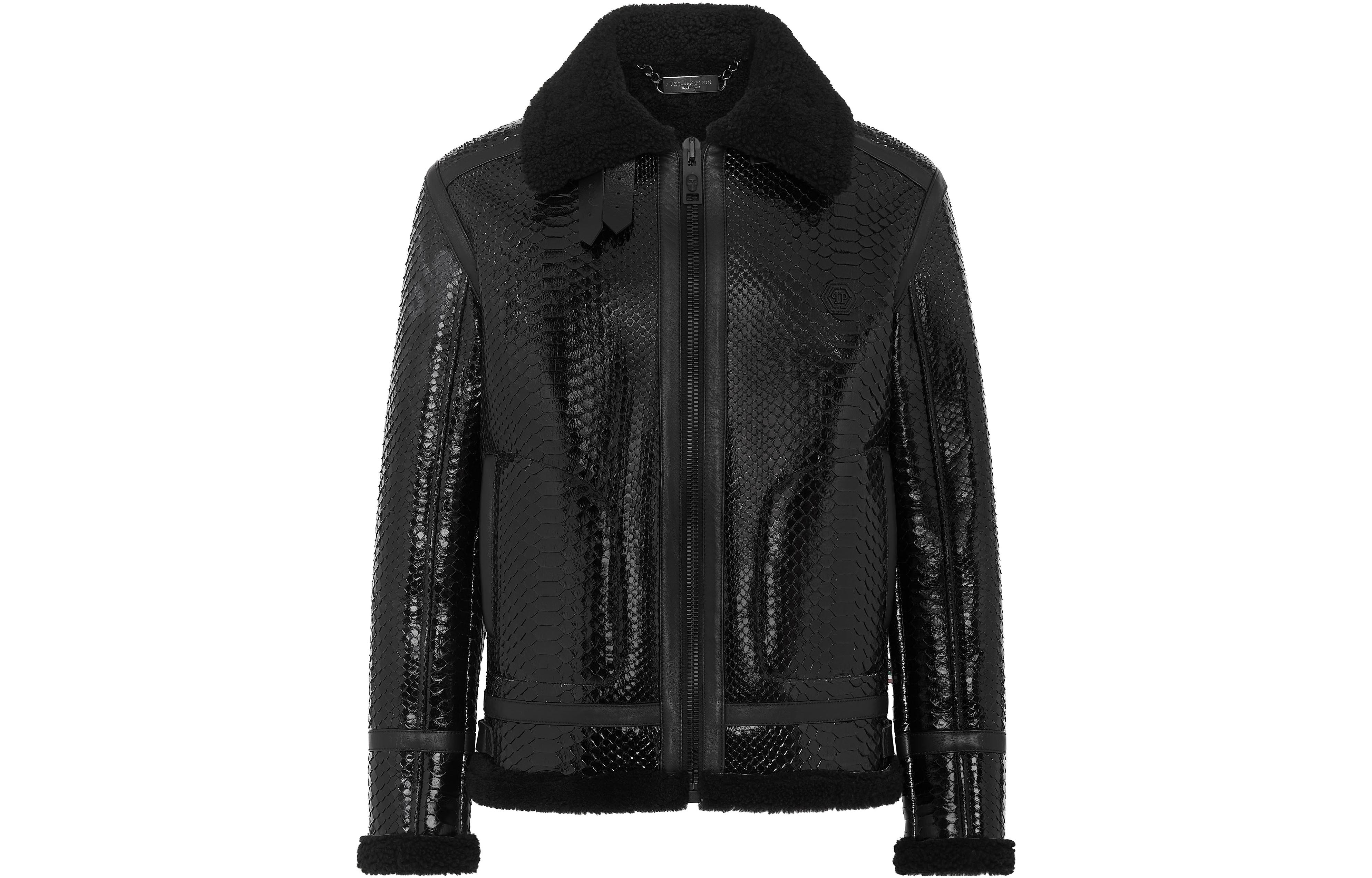 PHILIPP PLEIN Shearling Python Leather Zip Jacket Black Menswear AABC-MLB1672-PLE029P-02