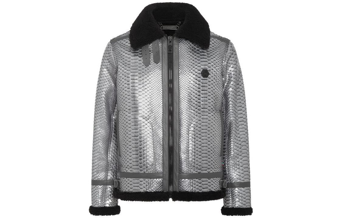 PHILIPP PLEIN Shearling Python Zip-Up Jacket Silver Menswear AABC-MLB1681-PLE029P-70